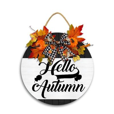 11x11IN Hello Autumn Door Wood Hanging Sign,Autumn Maple Leaves Wooden Door Hanger Plaque,Rustic Farmhouse Hanging Sign for Holiday Autumn Party Home Wall Decoration