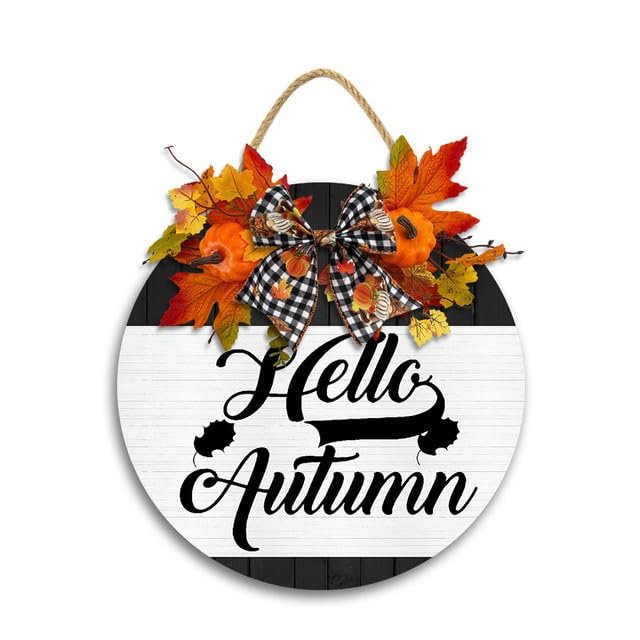 11x11IN Hello Autumn Door Wood Hanging Sign,Autumn Maple Leaves Wooden Door Hanger Plaque,Rustic Farmhouse Hanging Sign for Holiday Autumn Party Home Wall Decoration