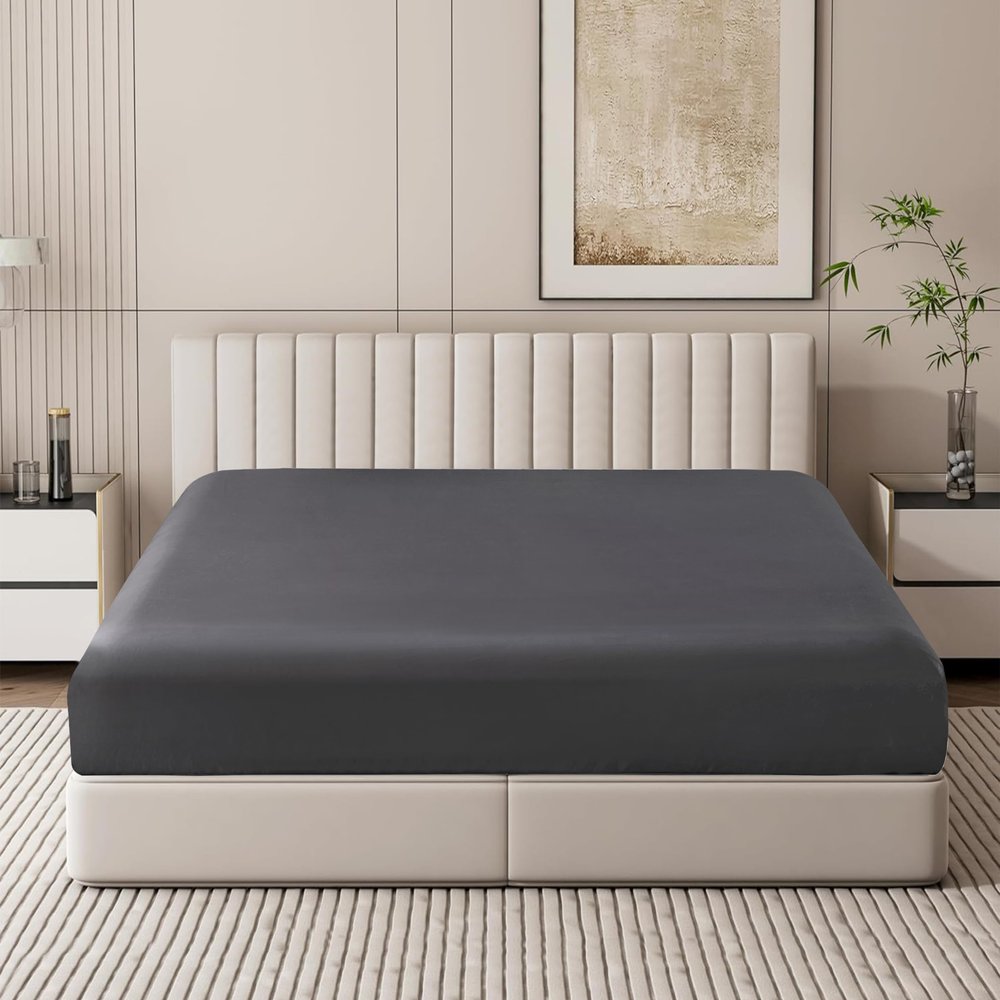 100% Egyptian Cotton Fitted Sheet Cal King Size Only, 600 Thread Count, 8"-16" Deep Pocket Sateen Weave Bottom Sheet, Soft Breathable Hotel Quality, Foot Side Indicator (Cal King, Dark Grey)