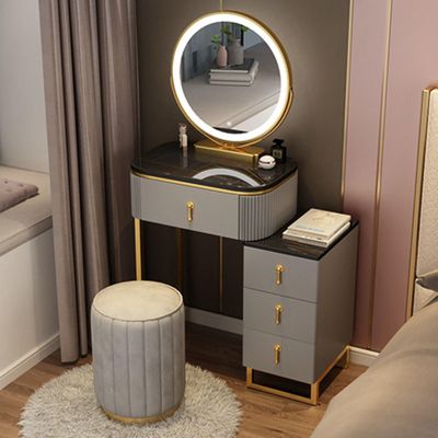 HSPLXYT Bedroom Dresser,Vanity Storage Dressing Table,Makeup Vanity with Drawers,Makeup Table with Mirror and LED Lights,Storage Stool,for Women Girls (Color : Black Gray, Size : 50cm)