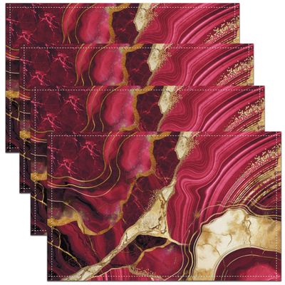 4 PCS of Pink Red Marble Placemats 12x18, Gold Crack Non Slip Place Mats, Abstract Metallic Texture Table Mats for Dining Table, Luxury Shinny Boho Hippie Fluid Placemats