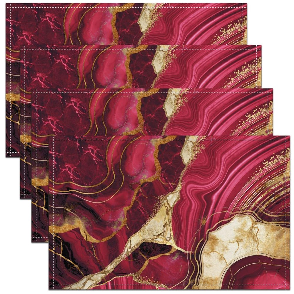 4 PCS of Pink Red Marble Placemats 12x18, Gold Crack Non Slip Place Mats, Abstract Metallic Texture Table Mats for Dining Table, Luxury Shinny Boho Hippie Fluid Placemats
