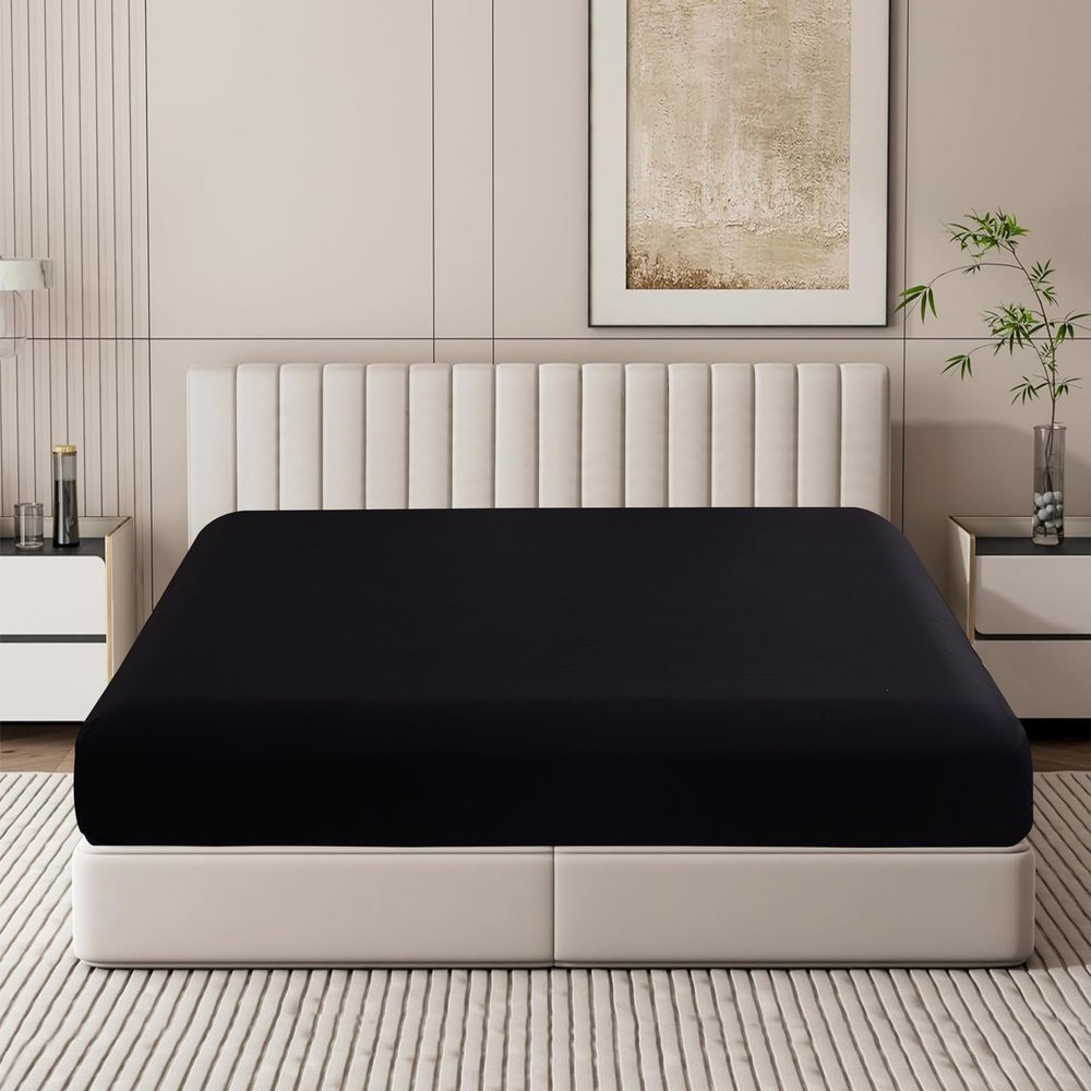 100% Egyptian Cotton Fitted Sheet King Size Only, 600 Thread Count, 8"-16" Deep Pocket Sateen Weave Bottom Sheet, Soft Breathable Hotel Quality, Foot Side Indicator (King, Black)