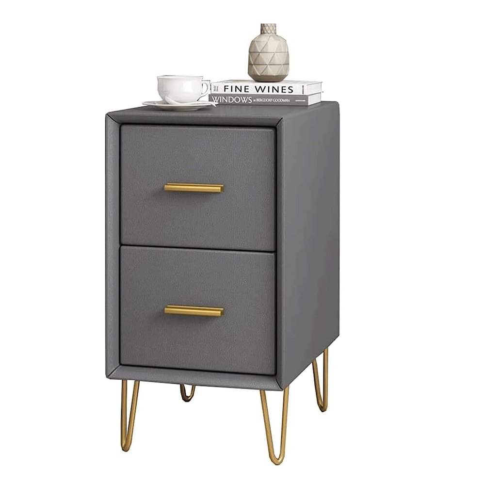 POCHY Bedside Table Narrow Pine Nightstand W/Metal Feet and 2 Drawers End Table 25/30cm Bedside Dress Leather Bedside Cabinet