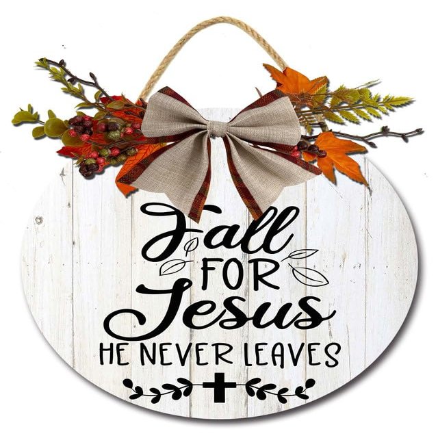 Isaric Fall for Jesus He Never Leaves Wreath Sign for Front Door, Circle Sign for Wreaths, Rustic Scripture Wooden Round Wreath Sign Plaque Wood Door Hanger Christian Home Wall Decor 11x11 Inches