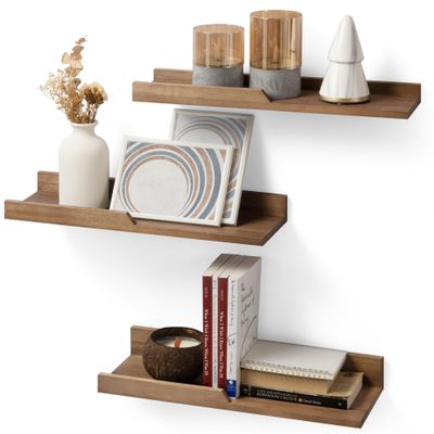 Floating Shelves Wall Mounted Set of 3 - Rustic Paulownia Wood with Anti-Fall Edge, Lightweight Decorative Display Shelf, Easy Install - Farmhouse Decor for Bathroom Bedroom Kitchen (17", Retro Brown)