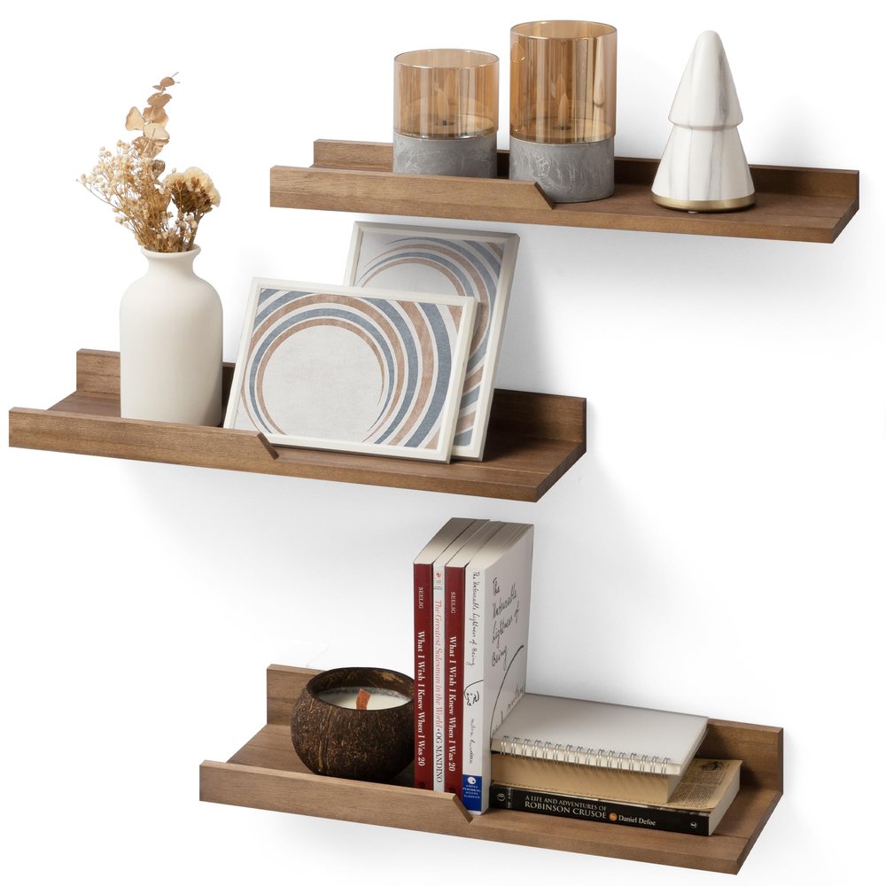 Floating Shelves Wall Mounted Set of 3 - Rustic Paulownia Wood with Anti-Fall Edge, Lightweight Decorative Display Shelf, Easy Install - Farmhouse Decor for Bathroom Bedroom Kitchen (17", Retro Brown)