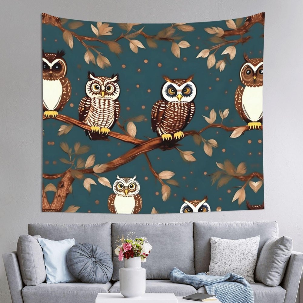 FRESQA Owls On Tree Branches Personalized Wall Hanging Backdrop Home Decor For Bedroom Living,Soft Printing Art Tapestry