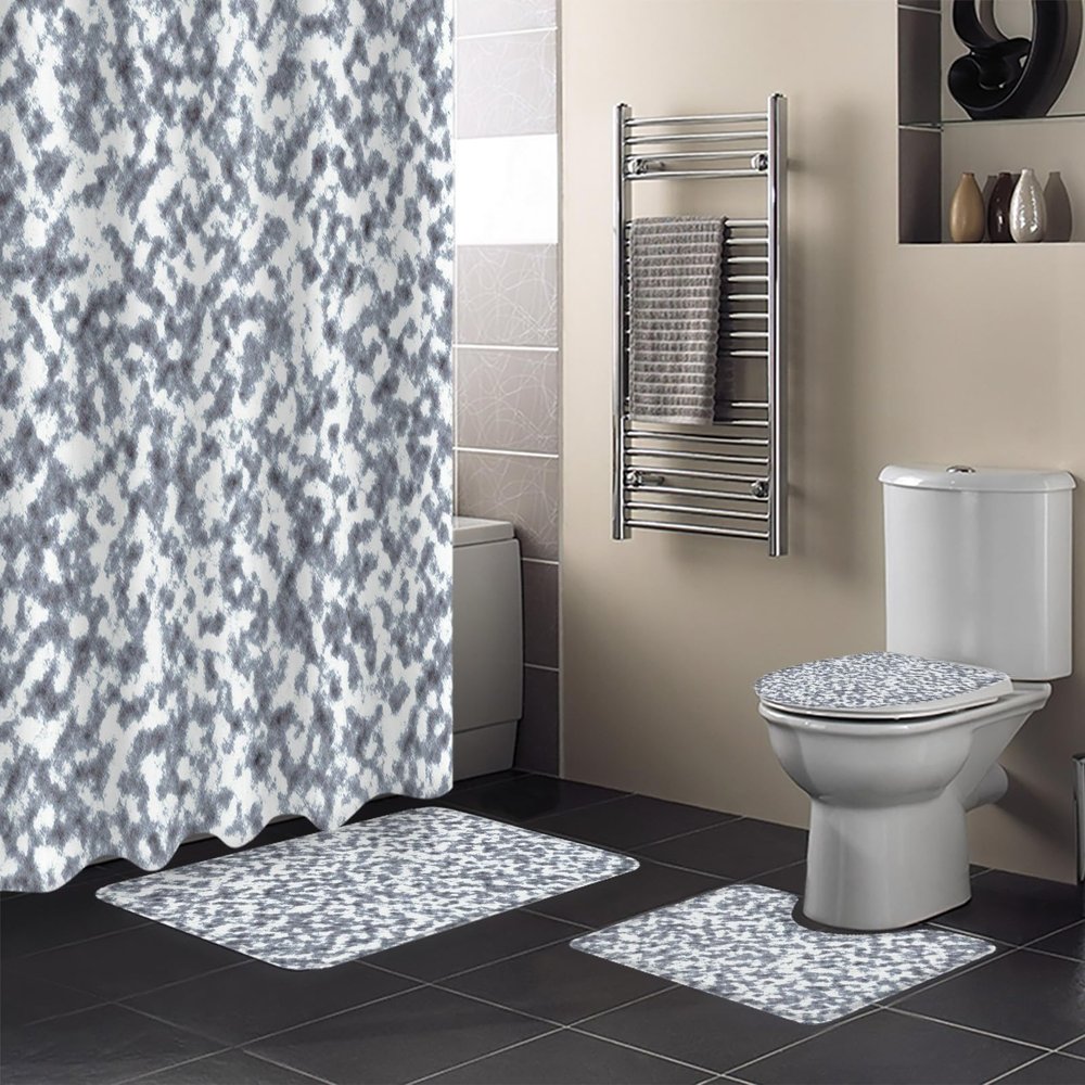 Abstract Grey Bathroom Set with Shower Curtain and Rug and Accessories,36x72 Inches Long Stall Curtain with Small Bath Mat,Bathtub Floor Runner Rug Set,Hooks Modern Minimalist Geometric Aesthetics Art