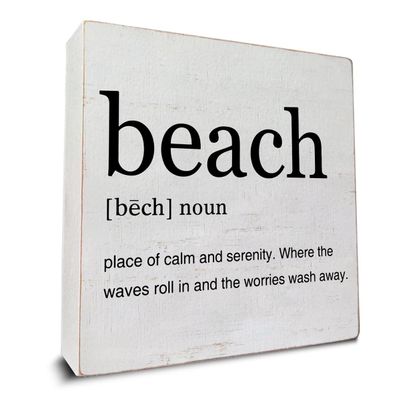 Beach Definition Art Wooden Box Sign Rustic Beach House Decorative Wooden Sign Home Office Decor for Desk Table Shelf 5 x 5 Inches