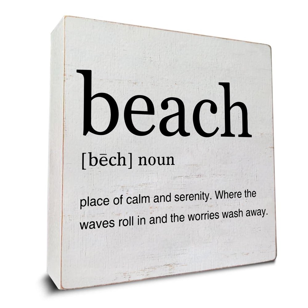 Beach Definition Art Wooden Box Sign Rustic Beach House Decorative Wooden Sign Home Office Decor for Desk Table Shelf 5 x 5 Inches