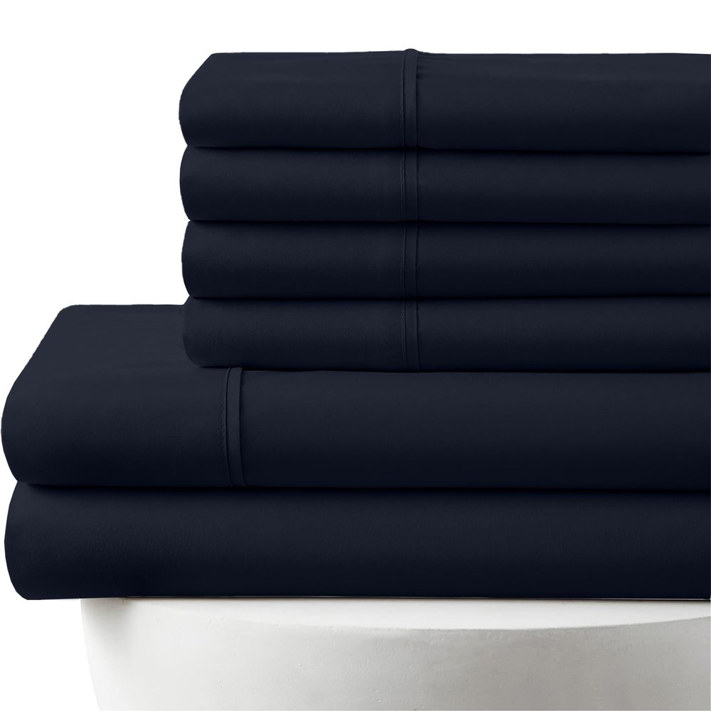 28" Extra DEEP Pockets 1000-Thread-Count, 100% Egyptian Cotton, 6-PC Sheet Set |1 Fitted, 1 Flat, 4 Pillowcases| 1000TC Soft Long Staple Cotton - Short Queen Size, Navy Blue Color