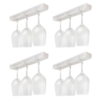 AQJUNONG 4 Pack Wine Glass Rack, No Drilling Under Cabinet Stemware Rack Organizer Hanger for Bar and Kitchen Cabinet (Classic White)