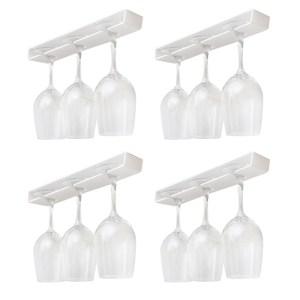 AQJUNONG 4 Pack Wine Glass Rack, No Drilling Under Cabinet Stemware Rack Organizer Hanger for Bar and Kitchen Cabinet (Classic White)