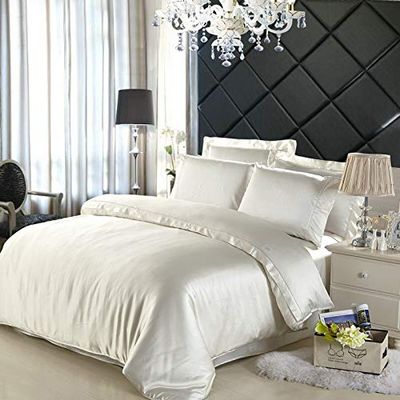 Bedify Bedding 100% Pure Silk Satin Duvet with Fitted Set 4 Pcs Silk Fitted Sheet 15" Deep Pocket Silk Duvet Cover Pillowcases Soft Silk Sheets|Wrinkle Free Fade Resistant(Ivory,King)