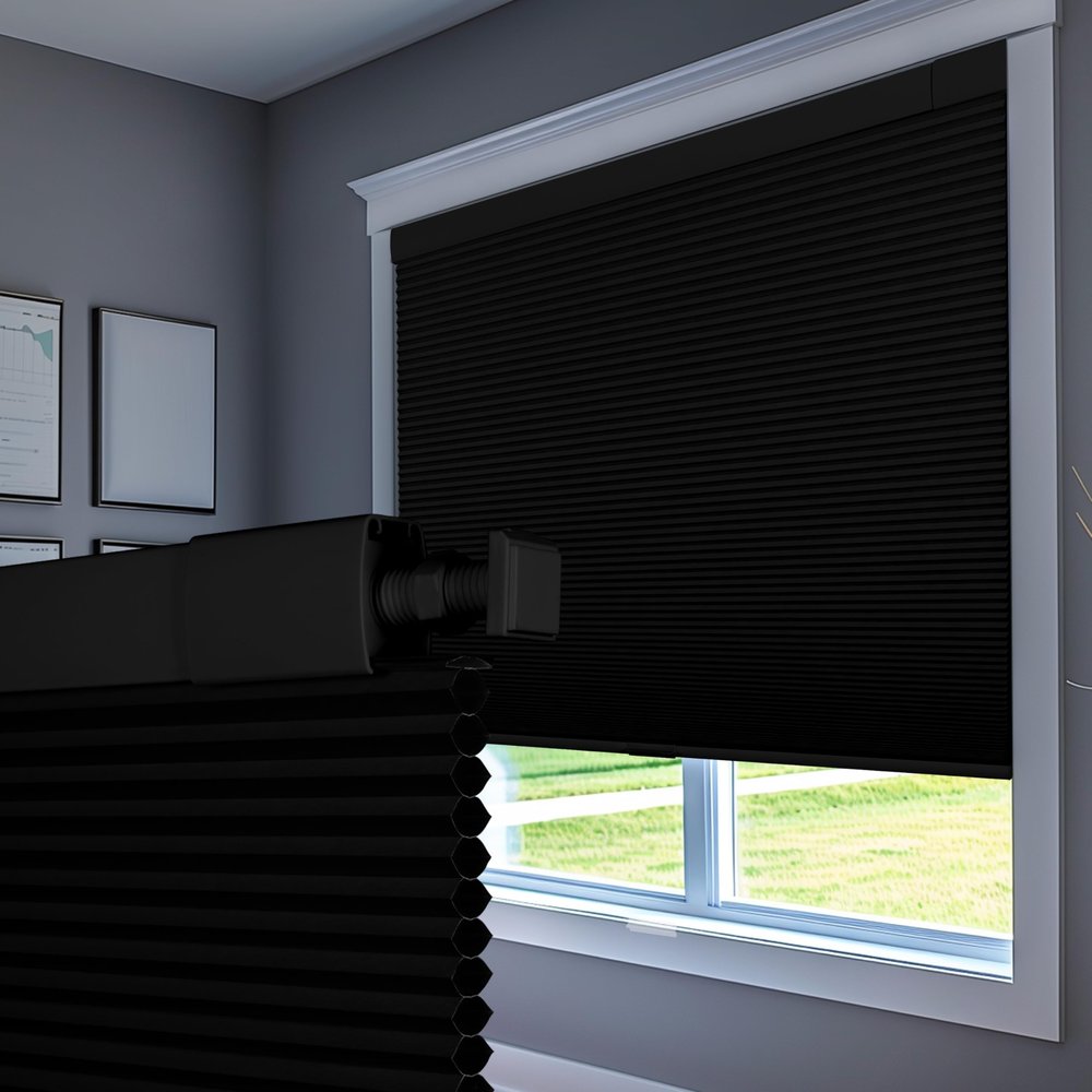 Boolegon No Drill Blinds for Windows Blackout Cellular Shades Cordless No Tools Honeycomb Blinds Pull Down Easy Install for Home and Office, Black, 38.5" W x 39" H