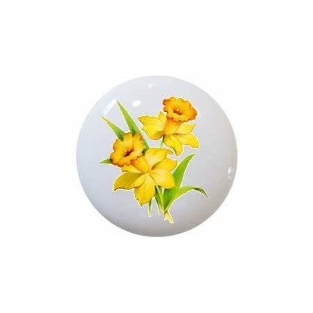 Daffodils Yellow KNOB - Flowers Plants - Farm Fresh Knobs Design Ceramic Cabinet Kitchen Bathroom Bedroom Furniture Handles or Pulls w/Glossy Finish - 1.5 x 1.5 Inches