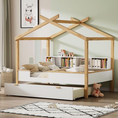 White Wooden House Bed with Twin Size Trundle and Bookshelf Storage Space Full Size House Bed Platform Bed with Original Wood Colored Frame for Children or Guest Room.