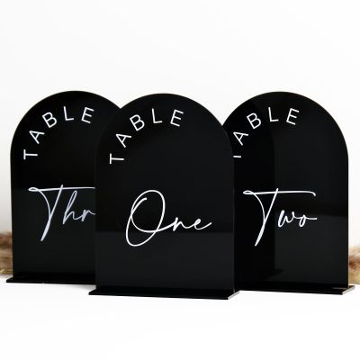 Black Arch Wedding Table Numbers 1-25 with Stands, 5x7 Inch Black Acrylic Arch Sign with Holder, Arched Acrylic Table Numbers for Wedding Reception