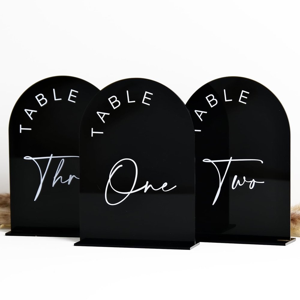 Black Arch Wedding Table Numbers 1-25 with Stands, 5x7 Inch Black Acrylic Arch Sign with Holder, Arched Acrylic Table Numbers for Wedding Reception