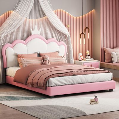 Aiuyesuo Elegant Full Size Upholestered Princess Bed with Crown Headboard, PU Leather Platform Bed with Sturdy Slatted Support for Kids Girls Teens (Pink+White-Full)