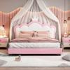 Aiuyesuo Elegant Full Size Upholestered Princess Bed with Crown Headboard, PU Leather Platform Bed with Sturdy Slatted Support for Kids Girls Teens (Pink+White-Full) view 3