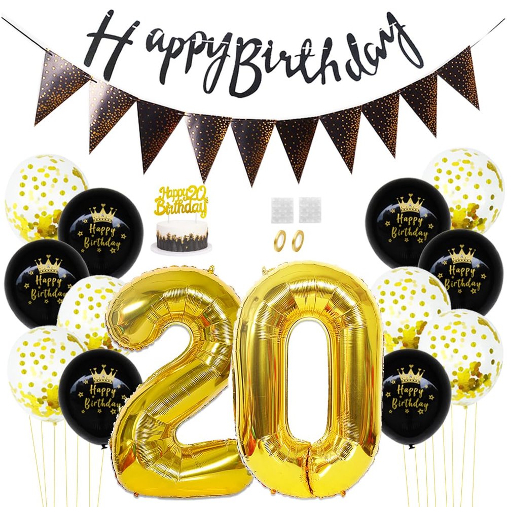 Daimay 20th Birthday Party Decorations Gold Black Happy Birthday Latex Confetti Balloons Triangle Flag Banner Number 20 Foil Balloon Cake Topper for Men Women Anniversary Birthday Party Supplies