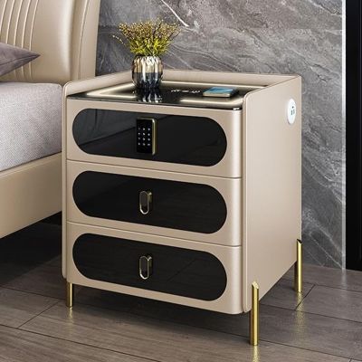 Multifunction Nightstand, Smart Nightstand with Wireless Charging Station and LED Lights,Password,with 2 Drawer Nightstand Storage Cabinet for Living Room, Bedroom (Color : Khaki, Size : 40x60x40cm