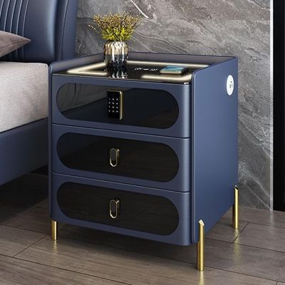 Multifunction Nightstand, Smart Nightstand with Wireless Charging Station and LED Lights,Password,with 2 Drawer Nightstand Storage Cabinet for Living Room, Bedroom (Color : Dark Blue, Size : 45x60x4