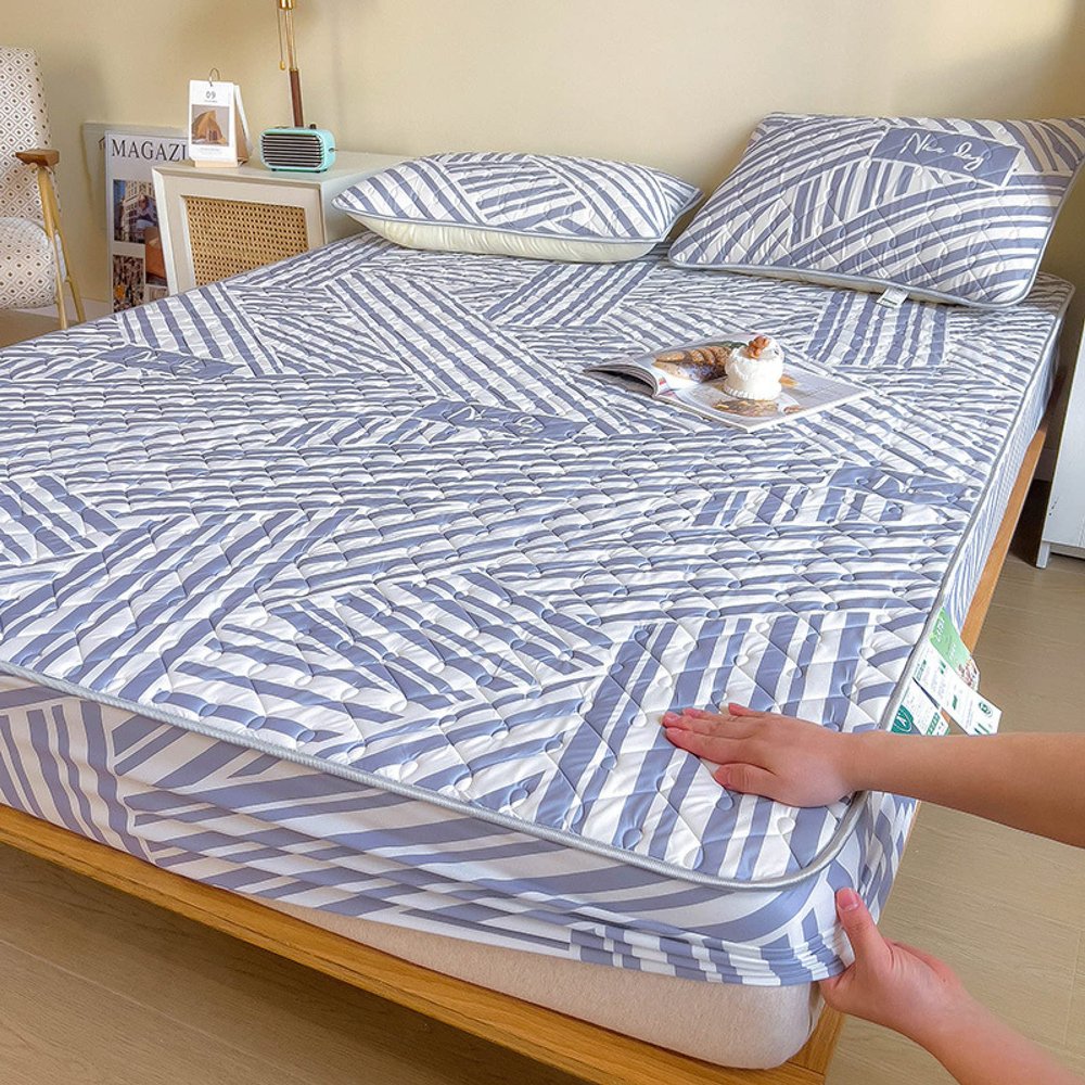 FCLDESHOP Fitted Mattress Pad,Summer Cool Latex Quilted Bed Sheet, Kids Room Cartoon Print Deep Pocket Mattress Cover Queen Bed Cover,Geometry,150 * 200cm (1pcs)