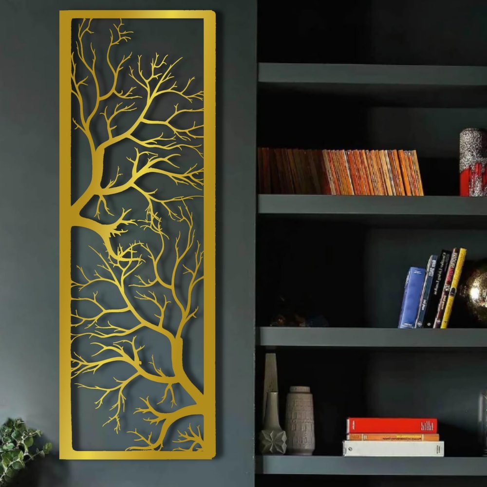 ICEWQOQU Tree of Life Metal Wall Decor, Metal Branches Wall Decor, Branch Vertical Wall Art, Tree of Life Wall Hanging, Wall Art for Living Room, Bathroom, Bedroom (47" x 16" | 118 x 40 cm, gold)