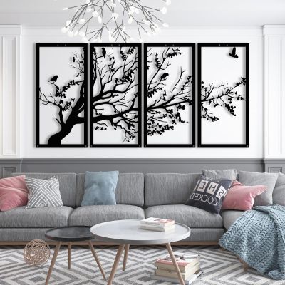 Metal Wall Decor, Tree of Life Wall Art, 4 Panels Metal Tree Wall Art, Tree Sign, Metal Wall Decor, Metal Wall Decor, Home Wall Hangings, Family Tree Wall Decor, Tree of Life Decor (79"W x 39"H / 200x100 cm, black)