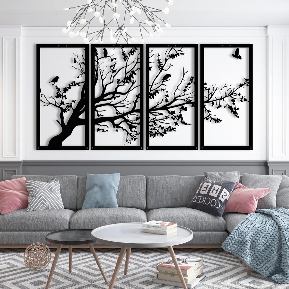 Metal Wall Decor, Tree of Life Wall Art, 4 Panels Metal Tree Wall Art, Tree Sign, Metal Wall Decor, Metal Wall Decor, Home Wall Hangings, Family Tree Wall Decor, Tree of Life Decor (79"W x 39"H / 200x100 cm, black)