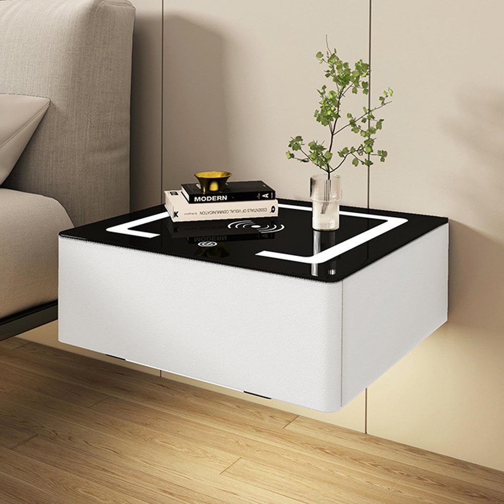 Smart Nightstand, Nightstand with Wireless Charging Station, Floating Nightstand, Smart Side Table, Night Stand with Led Lights, for Living Room, Bedroom (Color : White, Size : L-48CM/18.9IN)