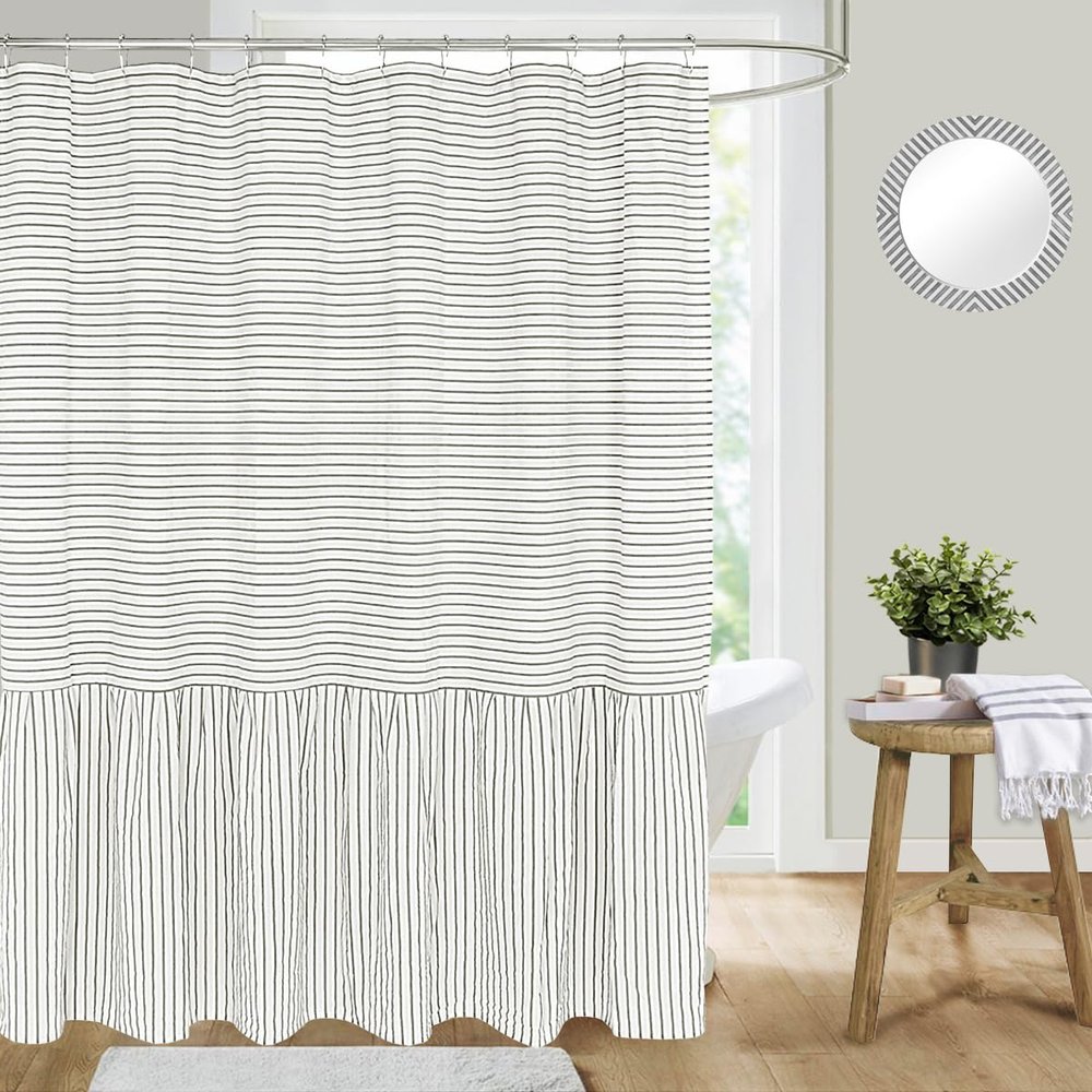 DOSLY IDES Farmhouse Ruffle Shower Curtain,Gray Striped Patchwork,Coutry and Shabby Chic Style,72x72 in
