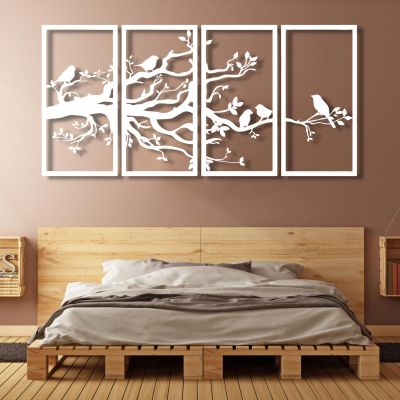 ICEWQOQU Metal Wall Art - 4 Panel Tree of Life & Bird Sign - Living Room Wall Decor (40" W x 20" H / 100x50 cm, White)