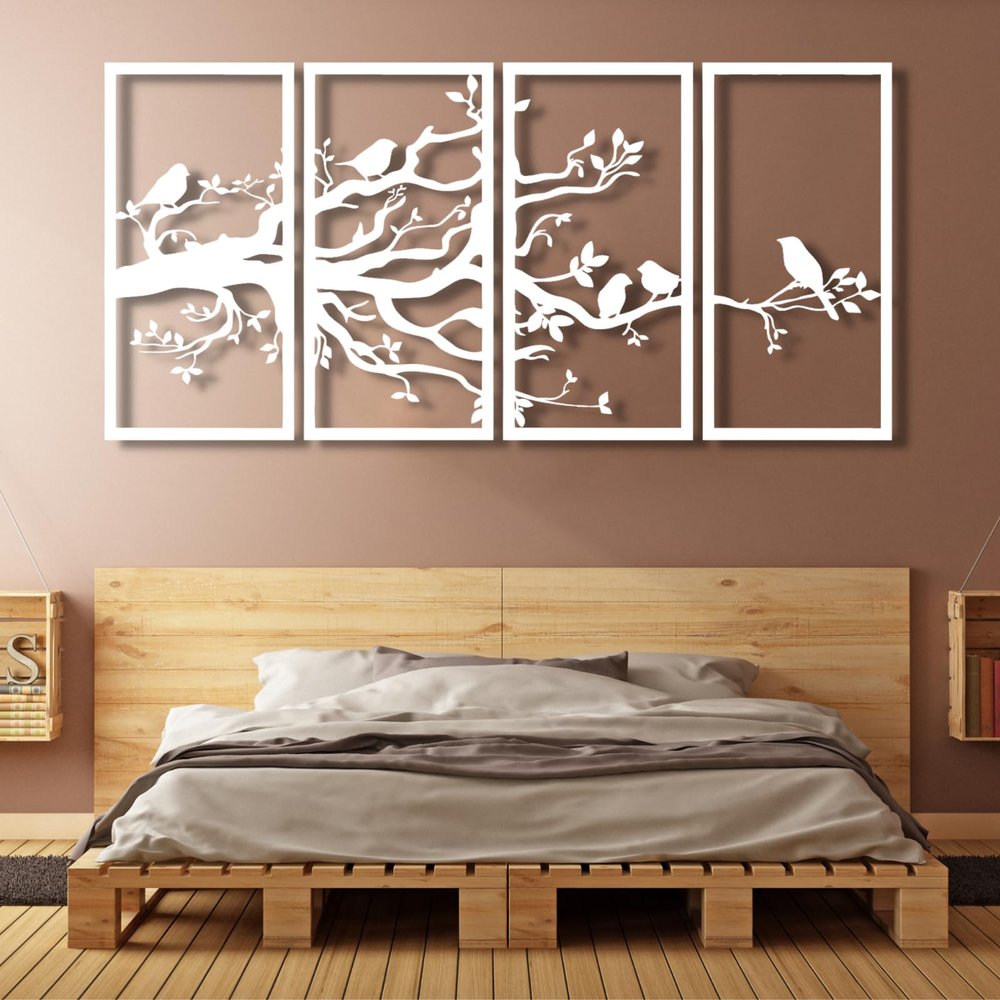 ICEWQOQU Metal Wall Art - 4 Panel Tree of Life & Bird Sign - Living Room Wall Decor (40" W x 20" H / 100x50 cm, White)