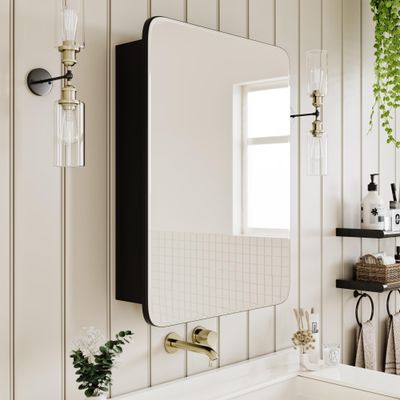 AGDULL Vintage-Style Bathroom Wood Black Cabinet with 16.5''x24'' Curved Mirror, Recessed Medicine Cabinet, in-Wall or Surface Mount Bathroom Storage Cabinet