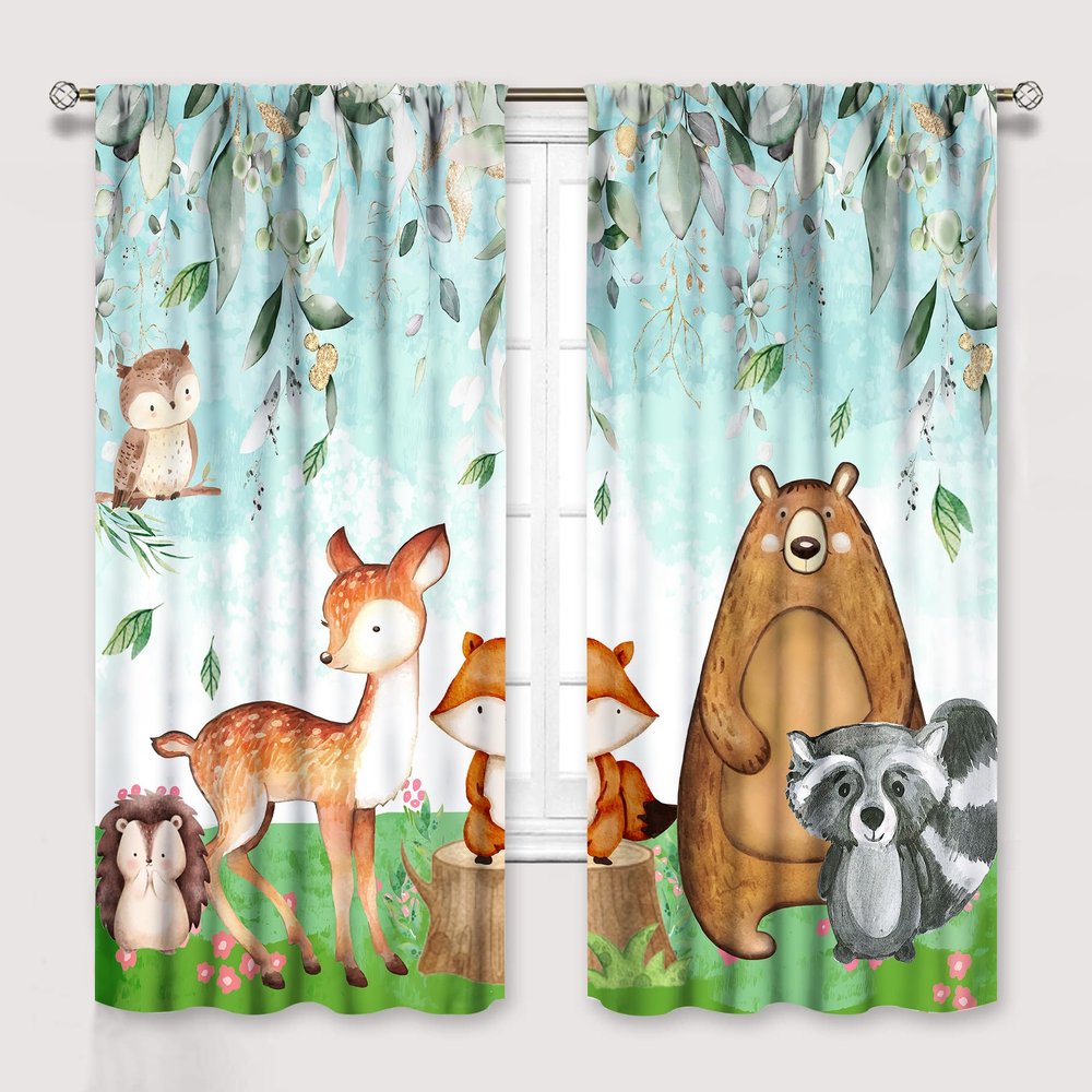 YCness Kid Forest Animal Curtains, Woodland Animal Fox Elk Bear Watercolor Print Curtains for Nursery Bedroom Living Room, Rustic Safari Wild Animal Blackout Window Drapes 2 Panel Set,72x63 Inch