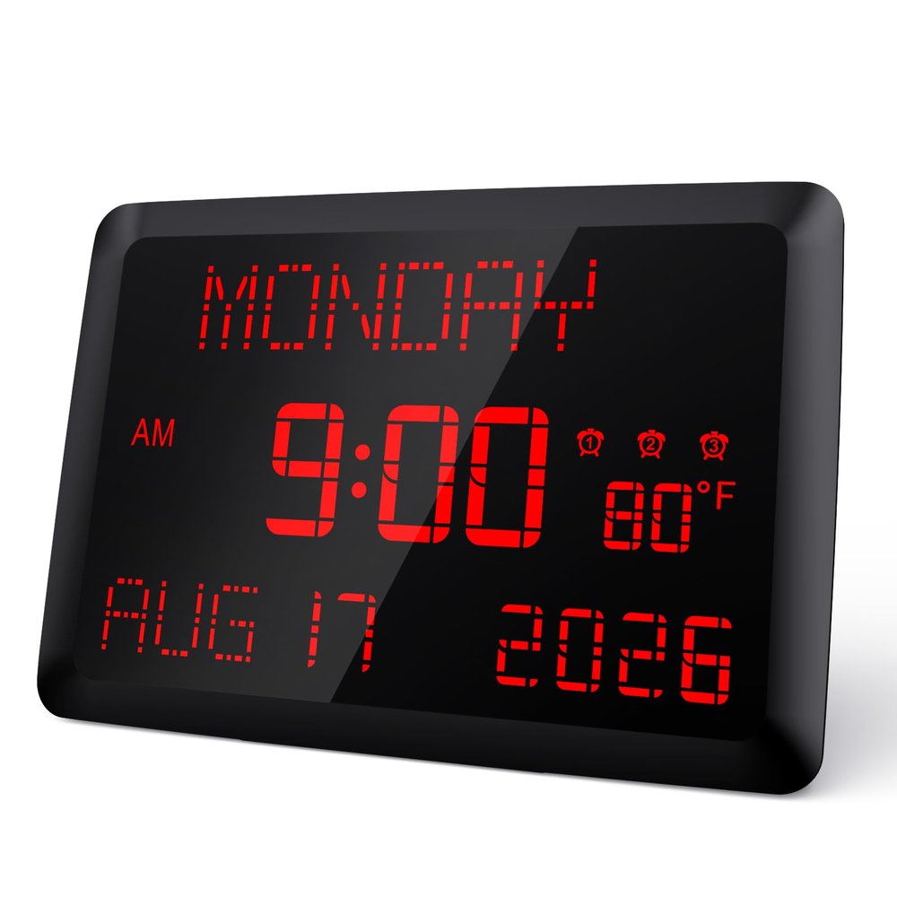 Raynic Digital Clock, 11.5" Large Display Digital Calendar Clock with Day and Date, Indoor Temperature, Adjustable Brightness, Snooze,12/24H, DST for Home, Office, Elderly