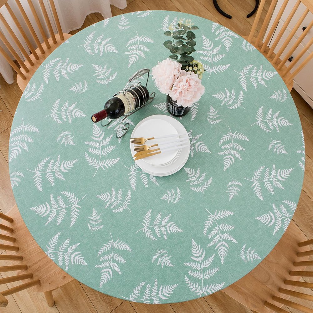 Pioggia Round Vinyl Fitted Tablecloth with Flannel Backing Elastic Table Cloth Waterproof Oil-Proof Plastic Table Cover Best for 37"-44" Round