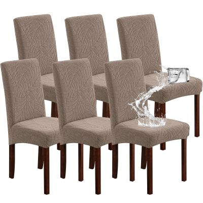 Genina Waterproof Chair Covers for Dining Room, Stretch Jacquard Dining Chair Slipcovers Removable Washable Chair Protector for Kitchen, Hotel, Restaurant (Leaves-Taupe, 6 PCS)