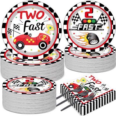 50 Guests Two Fast Birthday Plates and Napkins Party Supplies Racing Car Party Decorations Disposable Tableware Set Race Car Dinnerware Favors,200PCS