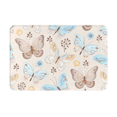 Blue and Beige Butterflies with Flowers Bathroom Rug Non Slip Vintage Style Beige Background Bath Mat Machine Washable Shower Rugs Home Decorations Soft Water Absorbent Floor Mats 16"x24"