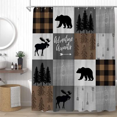 YSSFAV Rustic Cabin Shower Curtain Bear Deer Moose Camping Lodge Hunting Country Plaid Check Bathroom Decor Curtains Set with Hooks, 70" W x 70" H