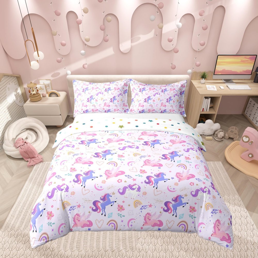 100% Nature Cotton Purple Unicorn Duvet Cover Queen,Dreamy Rainbow Pink Flowers Super Soft Bedding Set,Girls Room Decor Moon Star Love Hearts Comforter Cover Bedding 3 Piece (No Comforter)
