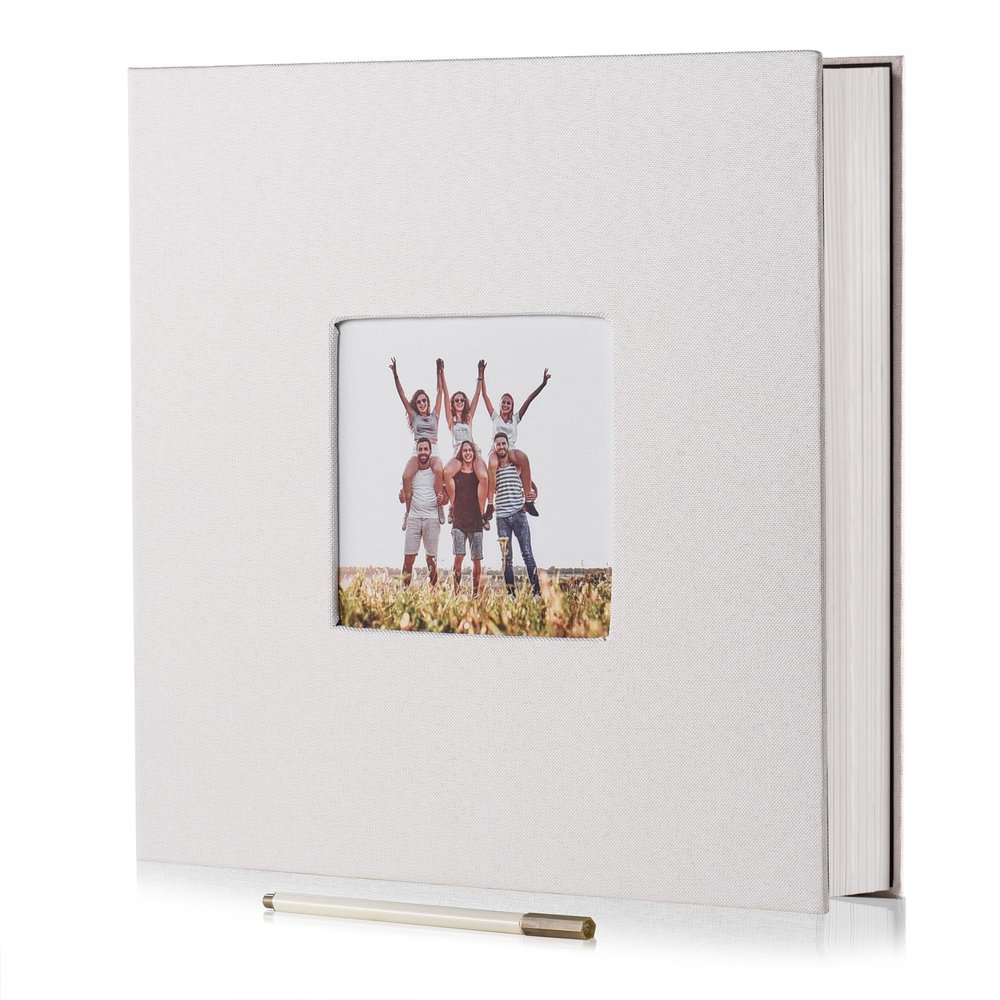 HoneyTolly Large Photo Album Self Adhesive with Picture Display Window, DIY Scrapbook Album for 4x6 8x10 Pictures, 40 Pages Linen Cover Memory Book with Scraper and Metallic Pen(White)