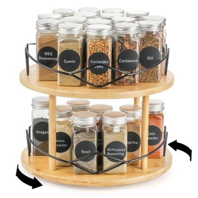 Yopay Lazy Susan Organizer 2 Tier, Bamboo Rotating Spice Rack for Kitchen Countertop Cabinet, Spinning Makeup Turntable Organizer with Steel Side for Vanity, Dining Table, Pantry, Condiments, 11 Inch