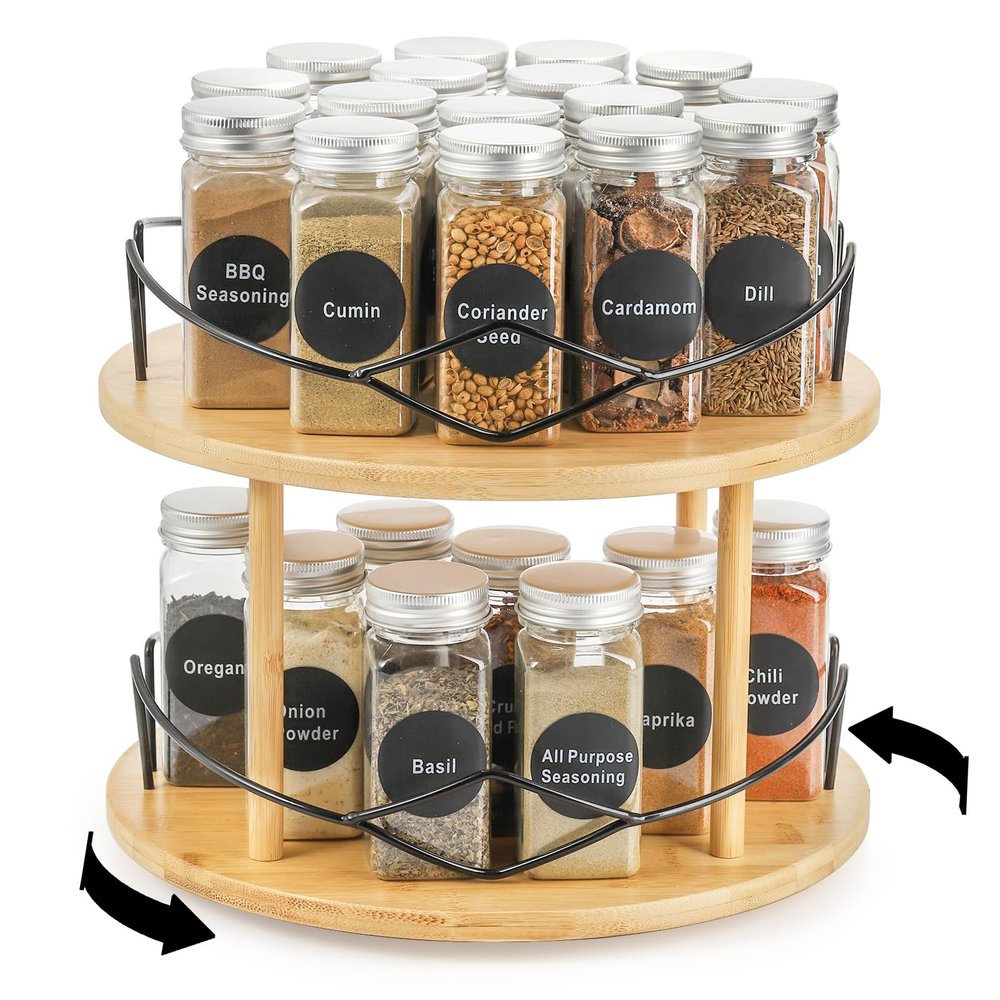 Yopay Lazy Susan Organizer 2 Tier, Bamboo Rotating Spice Rack for Kitchen Countertop Cabinet, Spinning Makeup Turntable Organizer with Steel Side for Vanity, Dining Table, Pantry, Condiments, 11 Inch