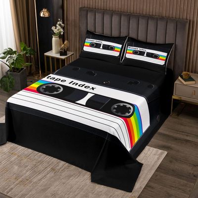 Erosebridal Classical Music Theme Bedspread King Size Rainbow Plastic Tapes Quilt Set, Old Fashion Mix Tape Coverlet Set Black Retro Audio Cassette Bedding Set, Music Record Player Bed Cover